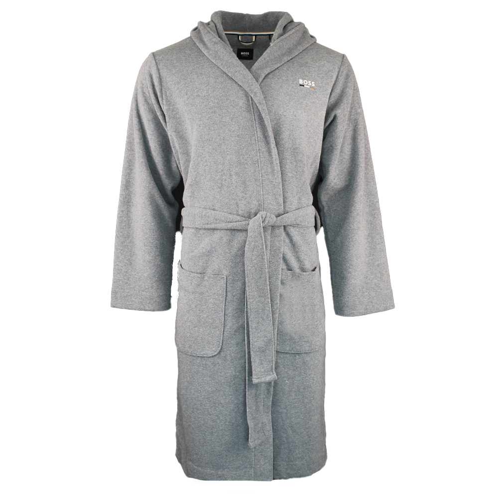 grey dressing gown with BOSS branding