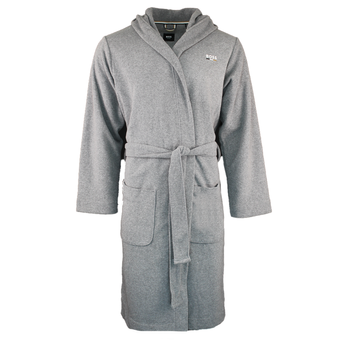 grey dressing gown with BOSS branding