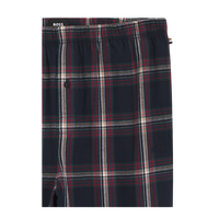 Plaid blue patterned pyjama trousers detail of branding