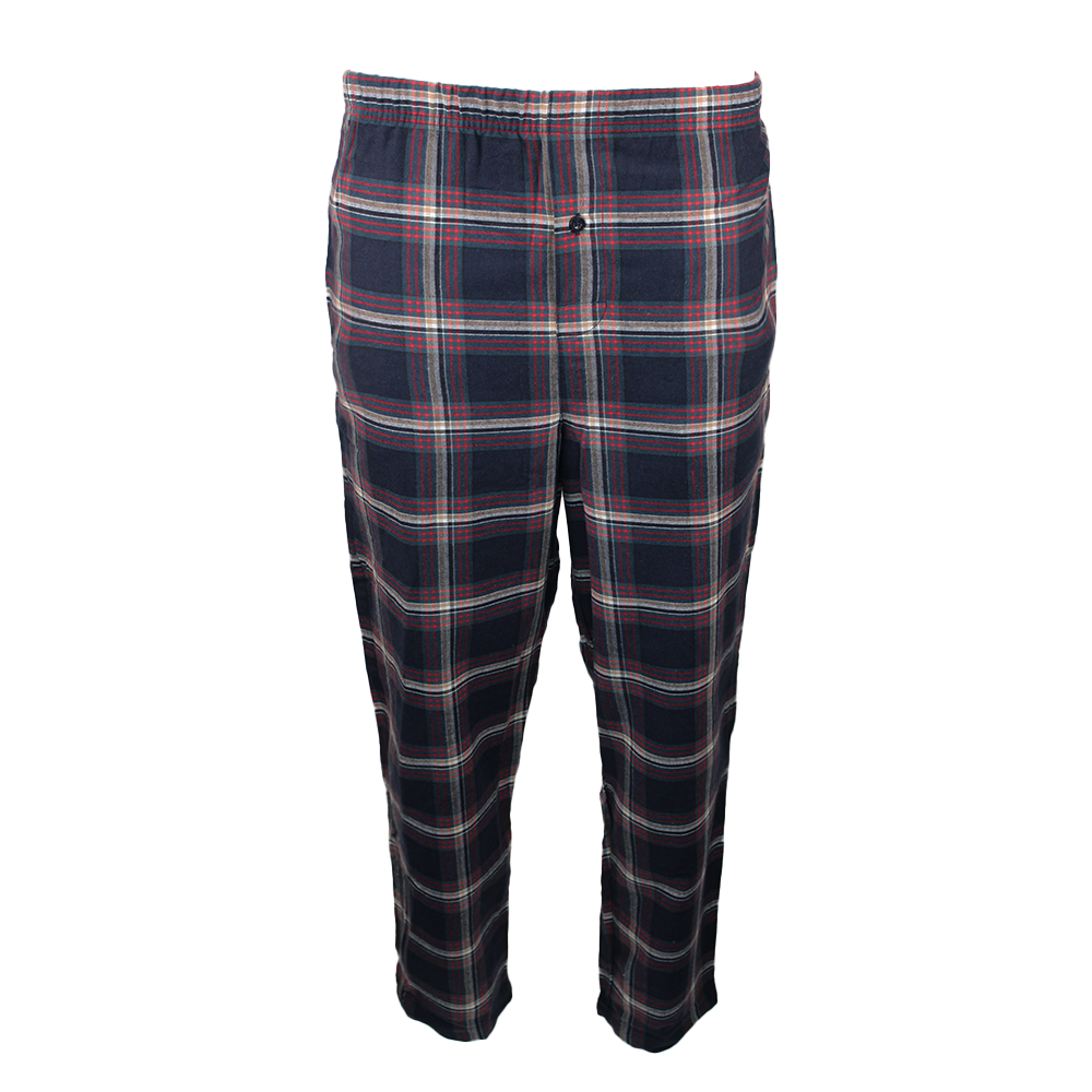 Plaid pants with a navy and red pattern on a white background