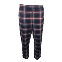 Plaid pants with a navy and red pattern on a white background