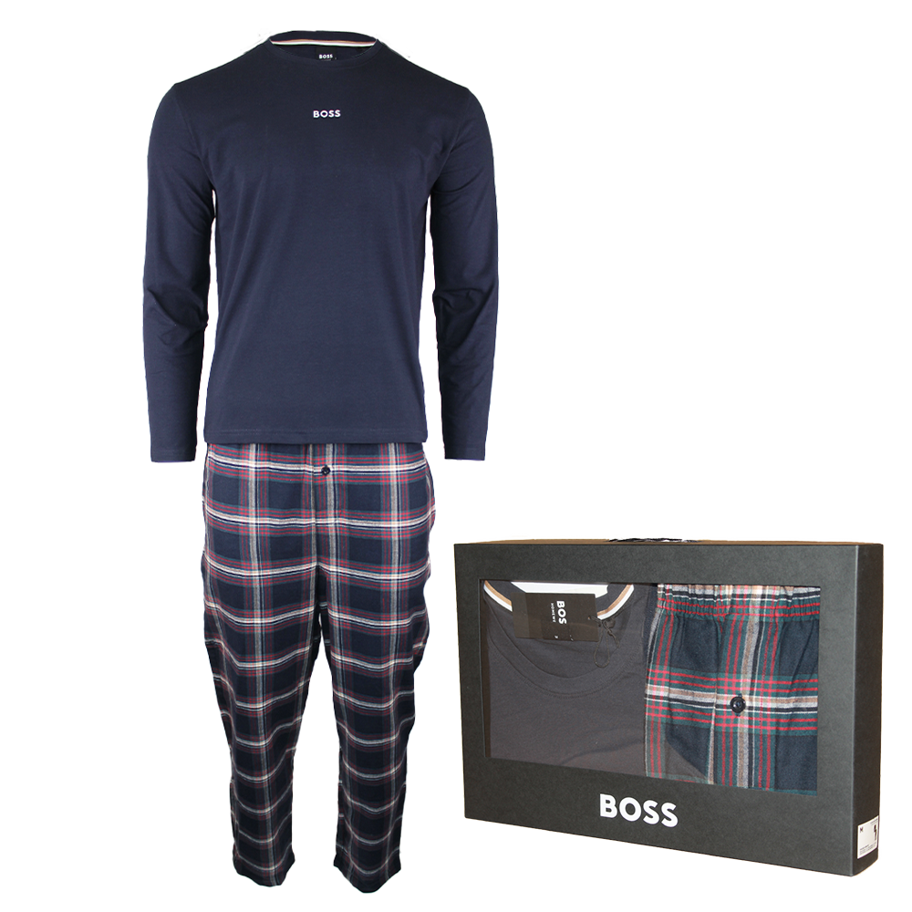 Navy long-sleeve shirt and plaid pants with BOSS packaging on a white background