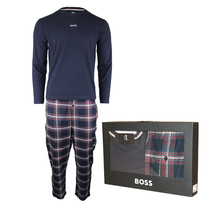 Navy long-sleeve shirt and plaid pants with BOSS packaging on a white background