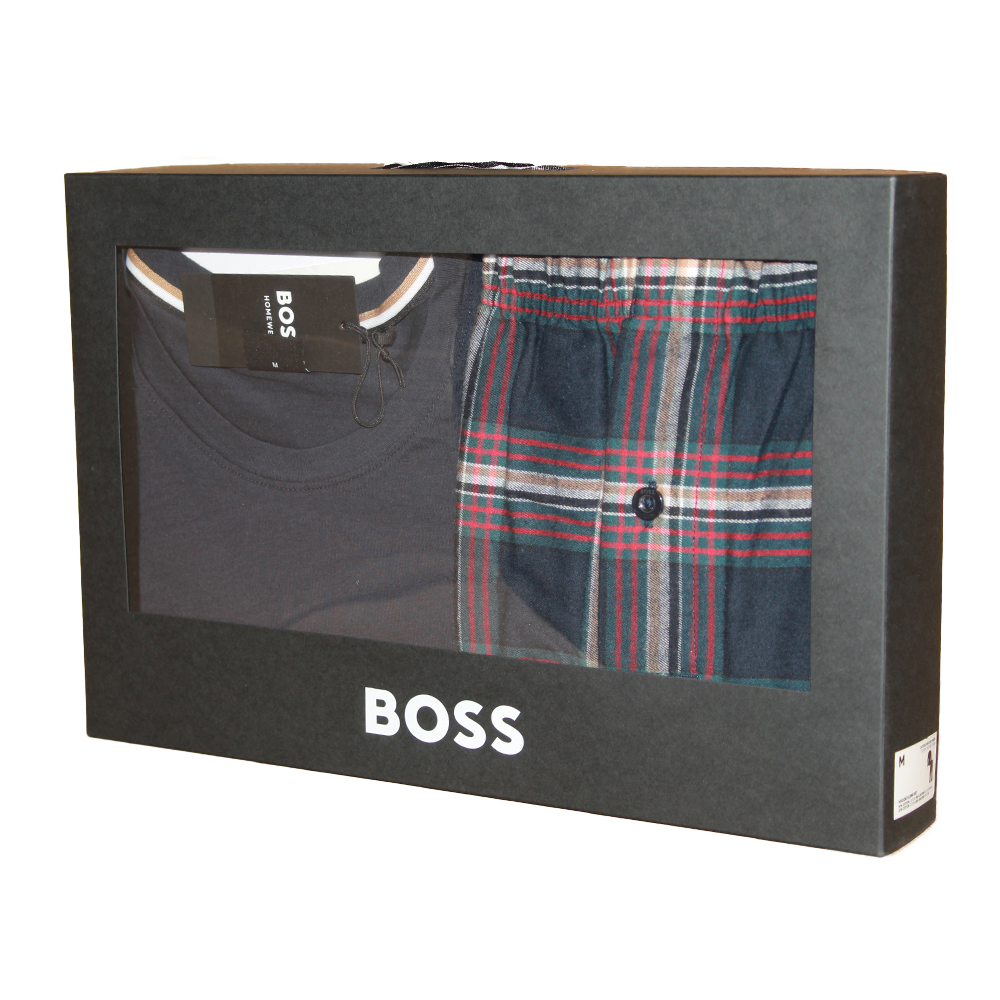 BOSS men's clothing set in a packaging box with t-shirt and plaid trousers