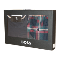 BOSS men's clothing set in a packaging box with t-shirt and plaid trousers