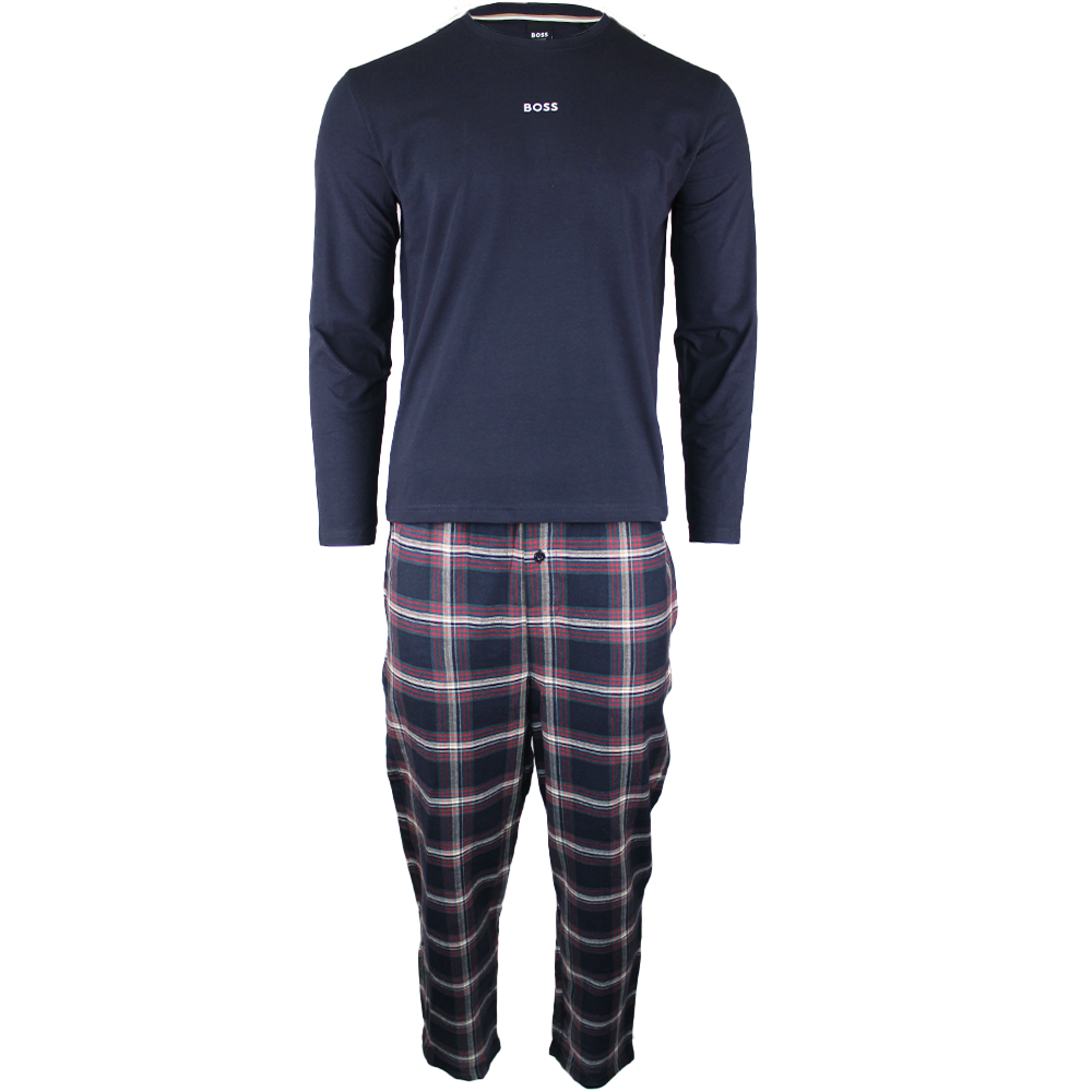 Navy long-sleeve shirt and plaid pants set on a white background