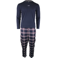 Navy long-sleeve shirt and plaid pants set on a white background