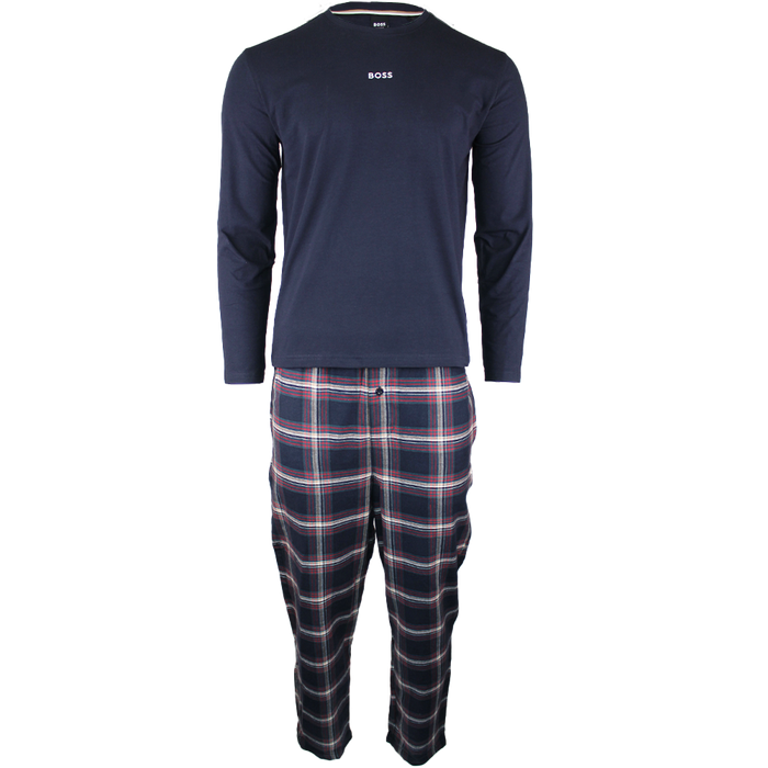 Navy long-sleeve shirt and plaid pants set on a white background