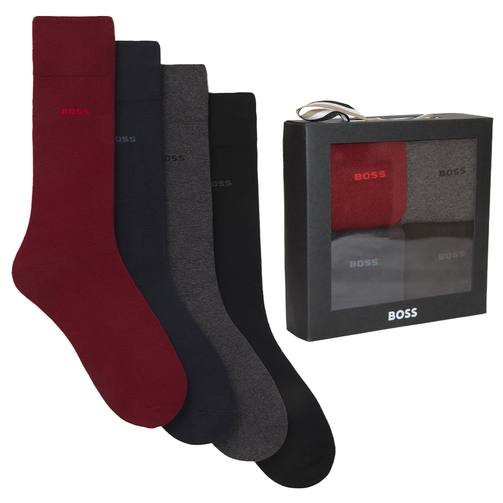 Set of maroon, black, and gray socks with a BOSS branded box on a white background