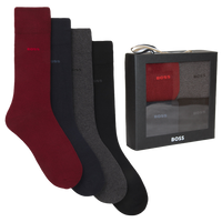 Set of maroon, black, and gray socks with a BOSS branded box on a white background