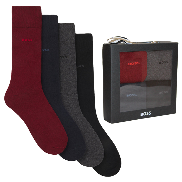 Set of maroon, black, and gray socks with a BOSS branded box on a white background
