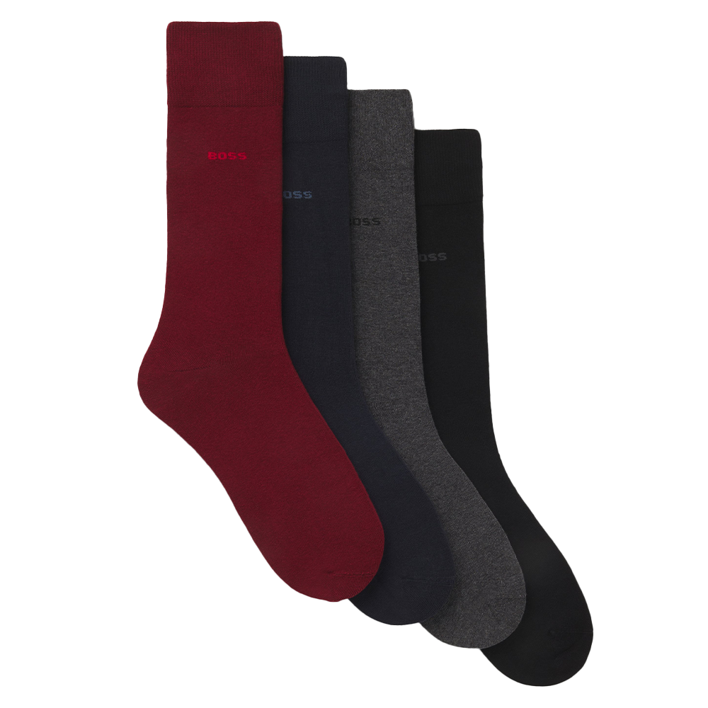 Set of four socks in red, black, and gray on a white background