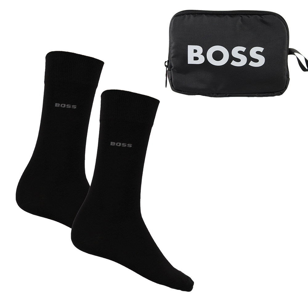 Two black socks and a black pouch with 'BOSS' branding on a white background