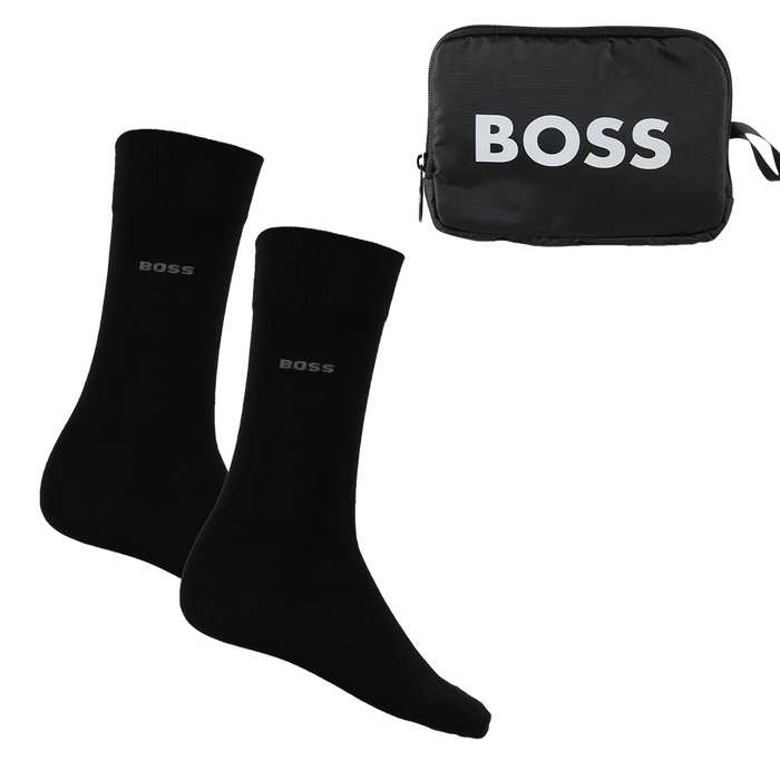 Two black socks and a black pouch with 'BOSS' branding on a white background