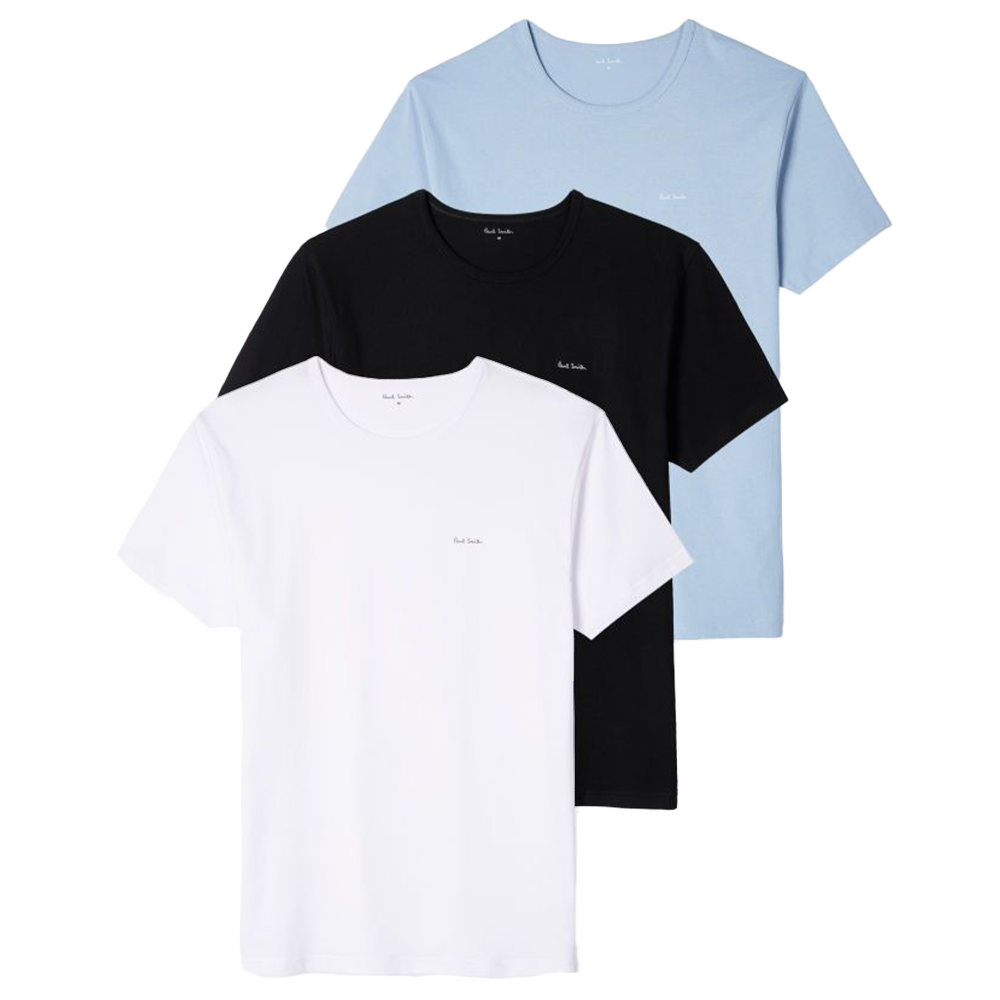 Three t-shirts in black, white, and light blue on a white background
