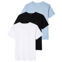 Three t-shirts in black, white, and light blue on a white background