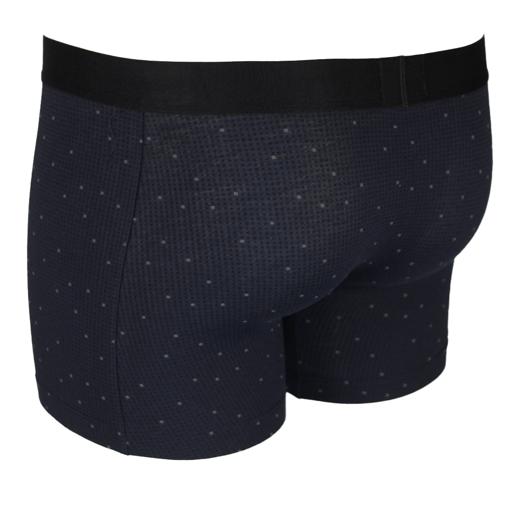 Black boxer briefs with a subtle pattern on a white background