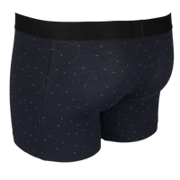 Black boxer briefs with a subtle pattern on a white background