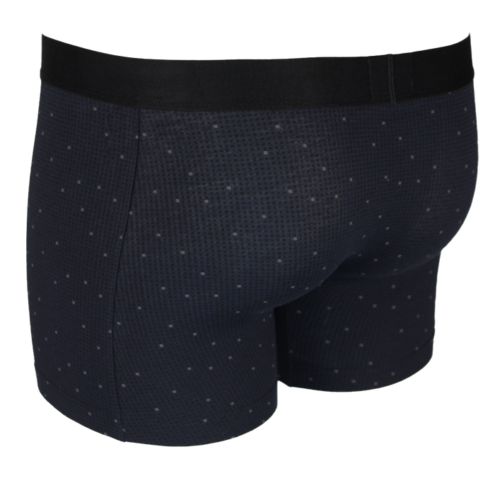 Black boxer briefs with a subtle pattern on a white background