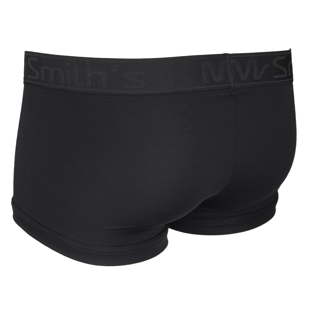 Back view of black boxer trunks with a visible brand logo on a white background