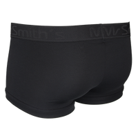 Back view of black boxer trunks with a visible brand logo on a white background