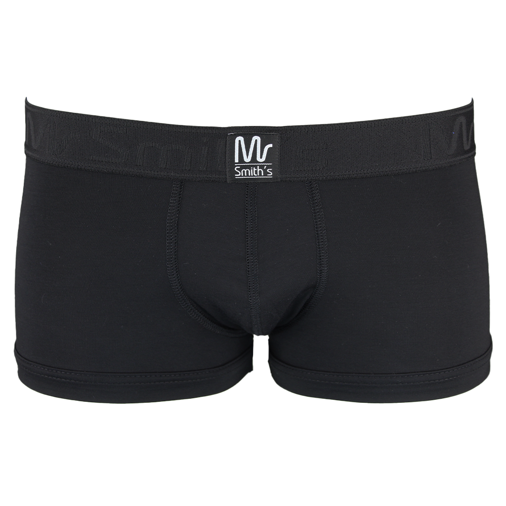 Black boxer trunks with a visible brand logo on a white background