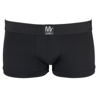 Black boxer trunks with a visible brand logo on a white background