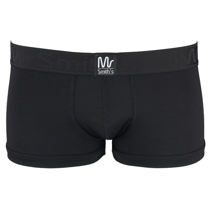 Black boxer trunks with a visible brand logo on a white background
