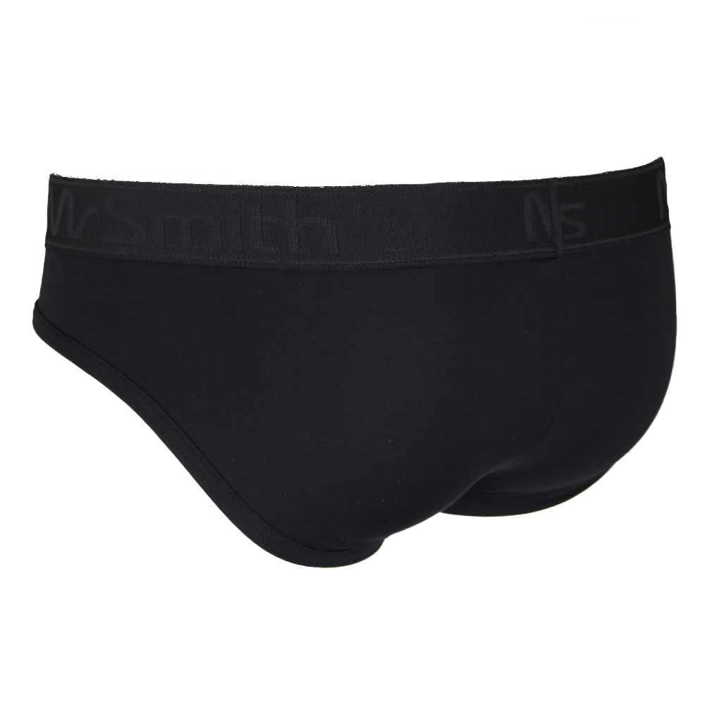 Black men's underwear with brand logo on waistband against a white background