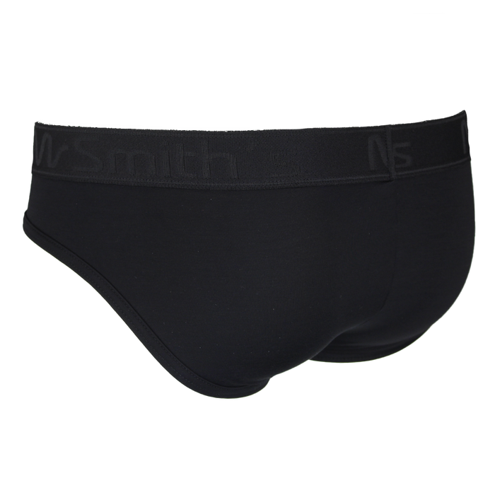 Black men's underwear with brand logo on waistband against a white background