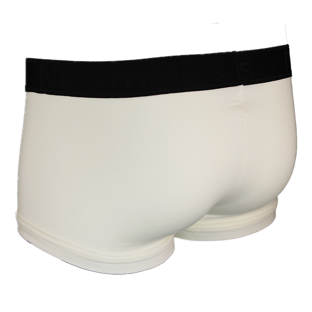 Back view of white boxer trunks with a black waistband on a white background