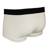 Back view of white boxer trunks with a black waistband on a white background