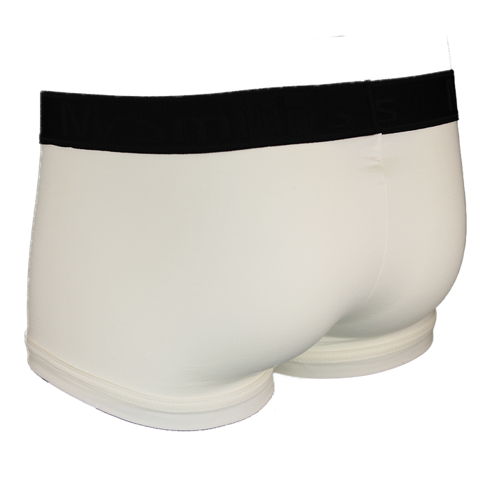 Back view of white boxer trunks with a black waistband on a white background