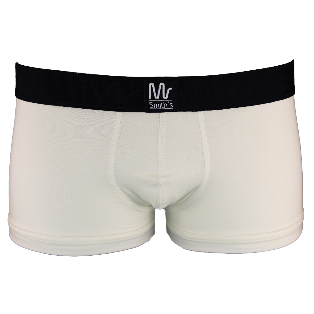 White boxer trunks with black waistband on a white background