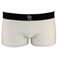 White boxer trunks with black waistband on a white background