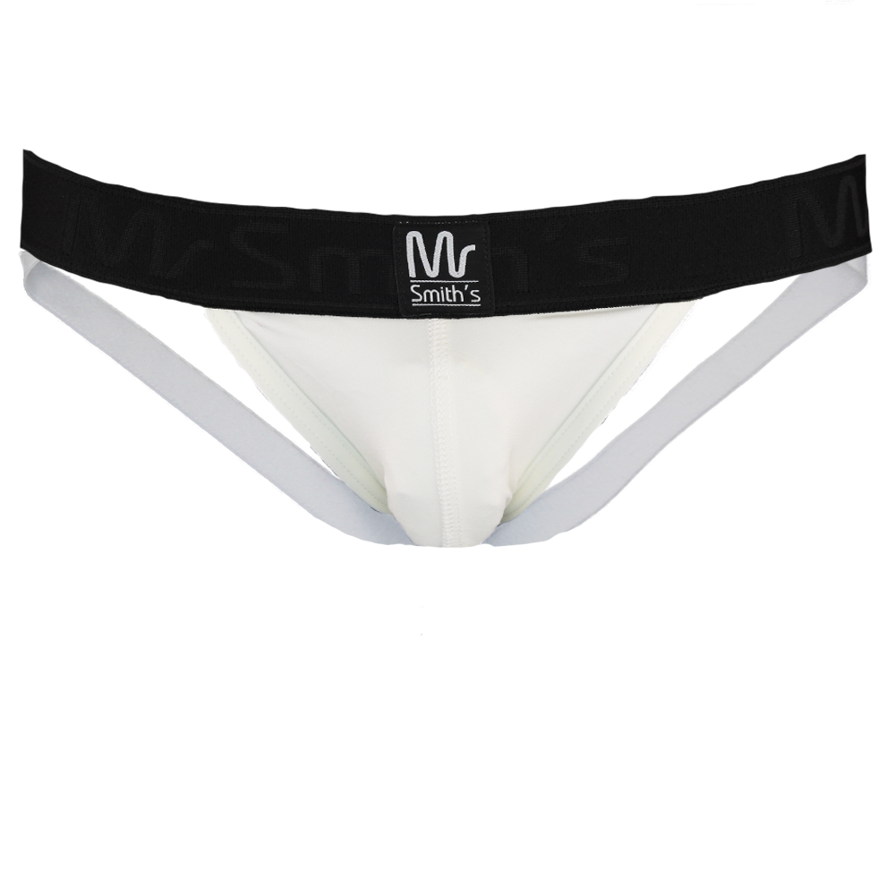 White men's underwear with black waistband on a white background