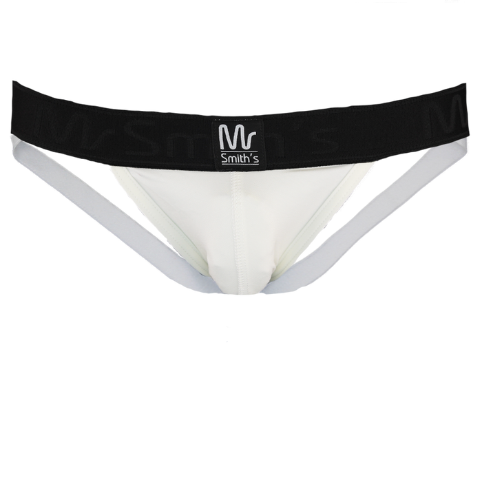White men's underwear with black waistband on a white background