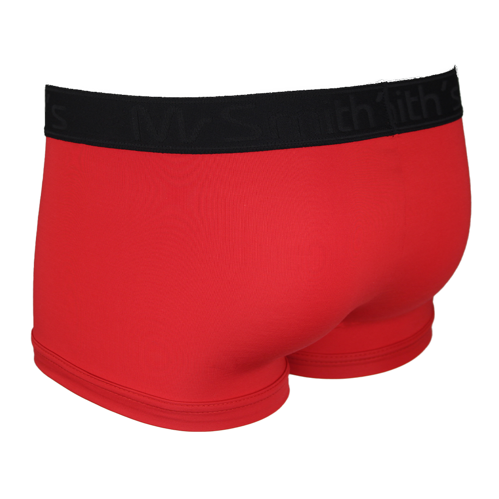 back view of red boxer trunks with a black waistband on a white background