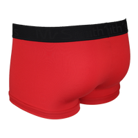back view of red boxer trunks with a black waistband on a white background