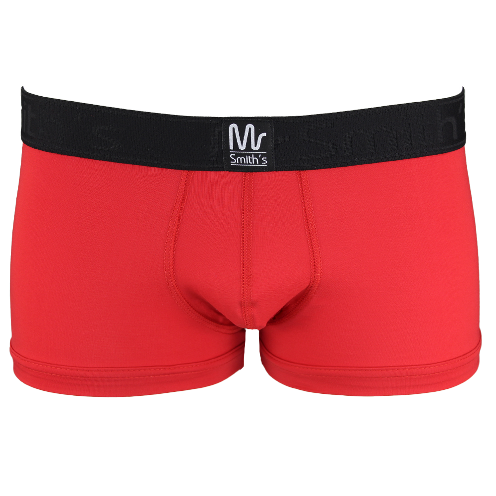 Red boxer trunks with a black waistband on a white background