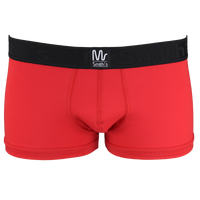 Red boxer trunks with a black waistband on a white background