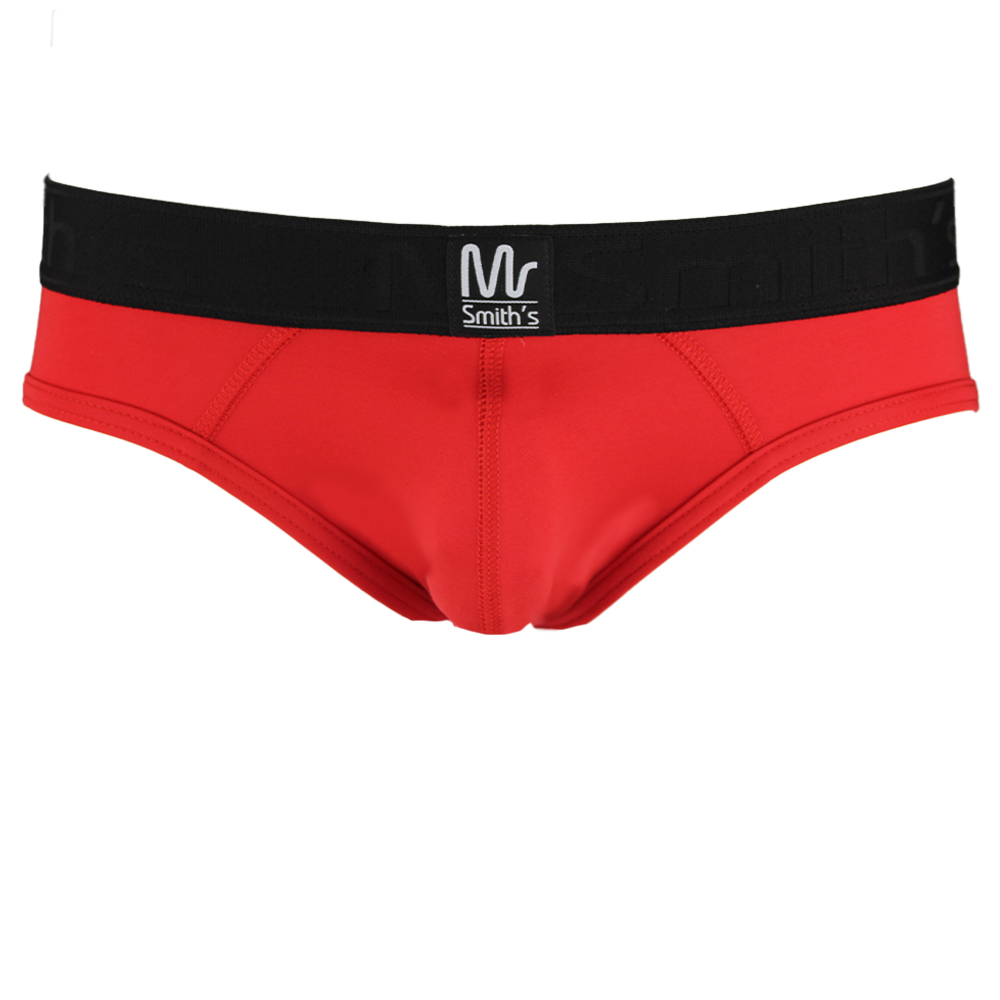 Red men's underwear with a black waistband on a white background