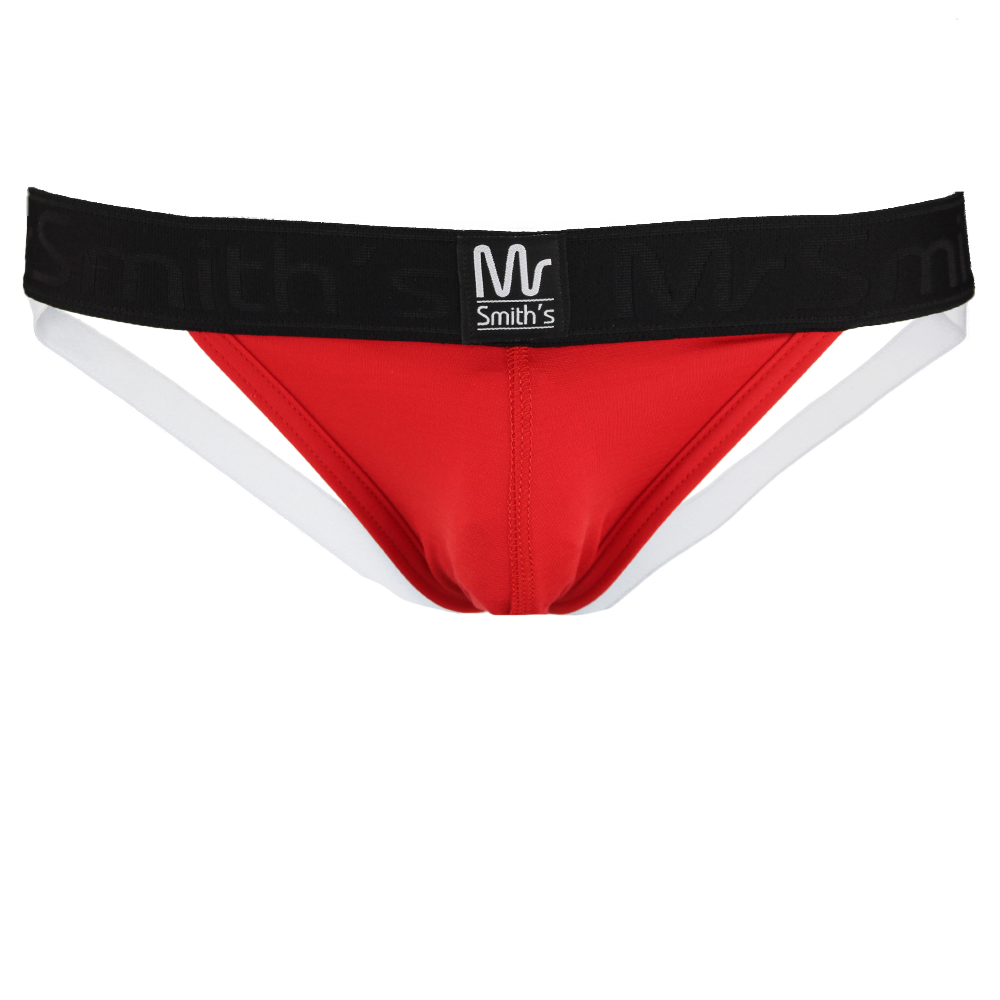 Red jock strap with Mr Smiths branding on the waistband