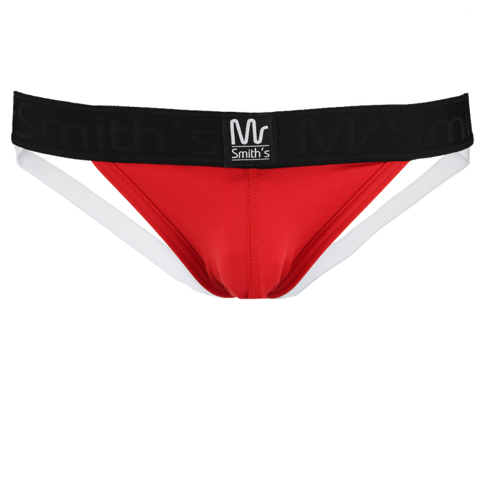 Red jock strap with Mr Smiths branding on the waistband