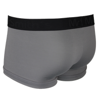 Back view of grey boxer trunks with a black  waistband