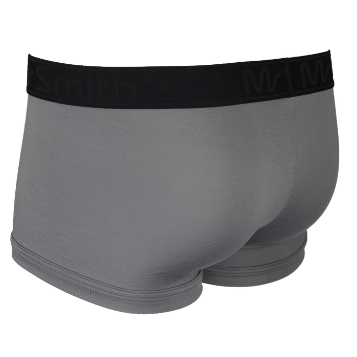 Back view of grey boxer trunks with a black  waistband