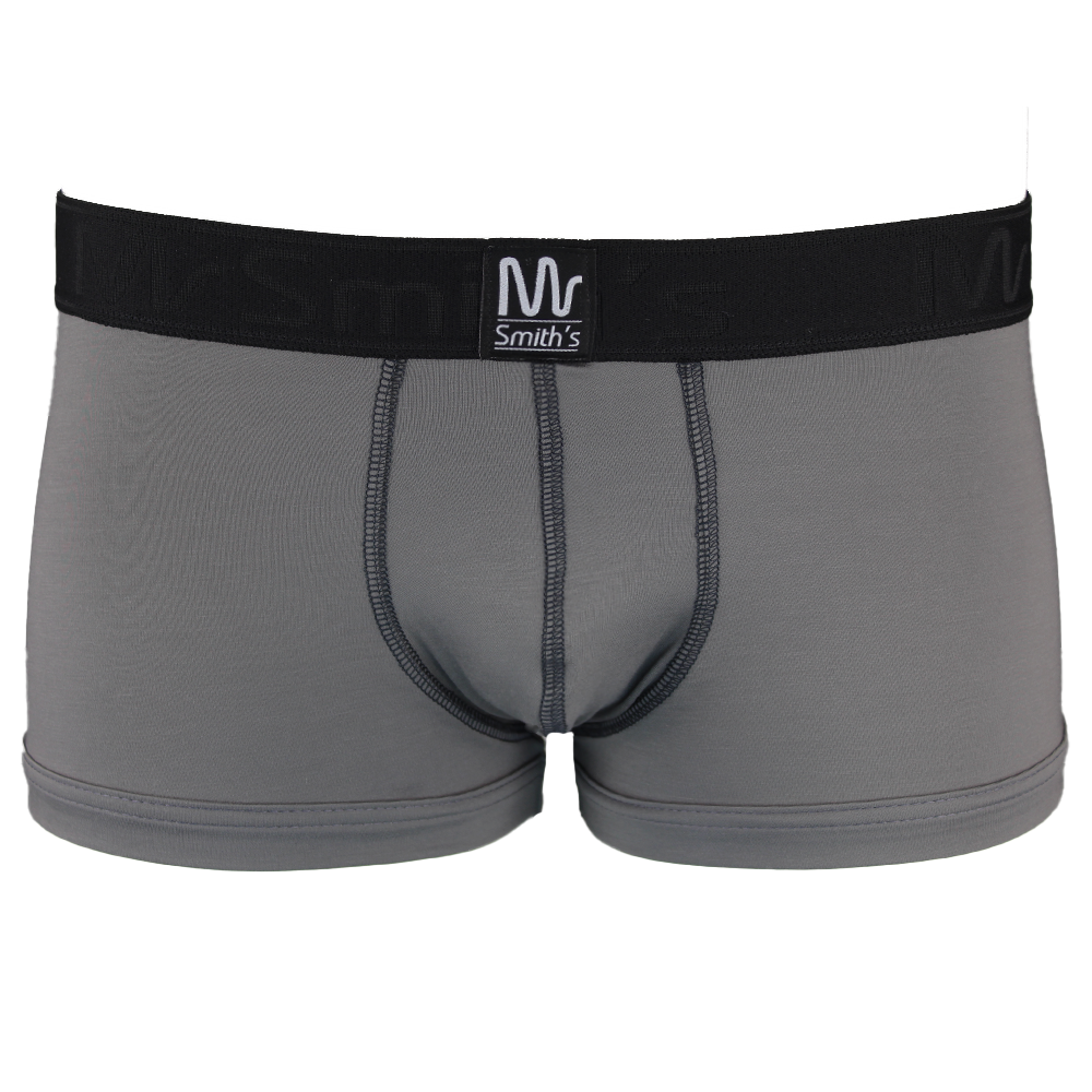 Gray boxer trunks with a black waistband on a white background