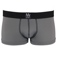 Gray boxer trunks with a black waistband on a white background