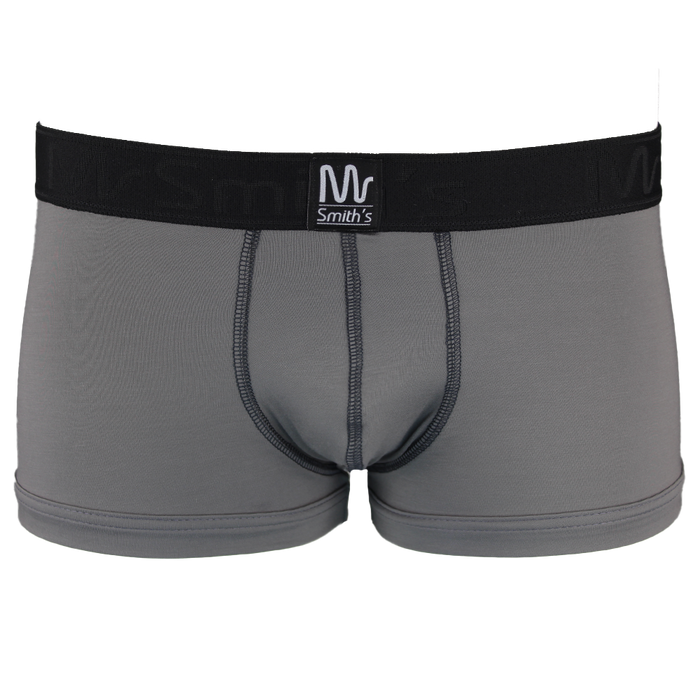 Gray boxer trunks with a black waistband on a white background