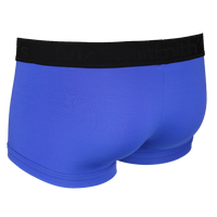 back view of blue boxer trunks with a black waistband on a white background